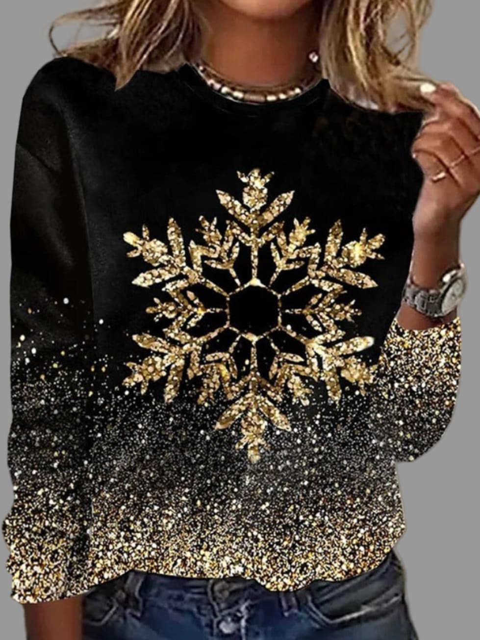Gwen Women's Christmas Jumper with Golden Snowflakes