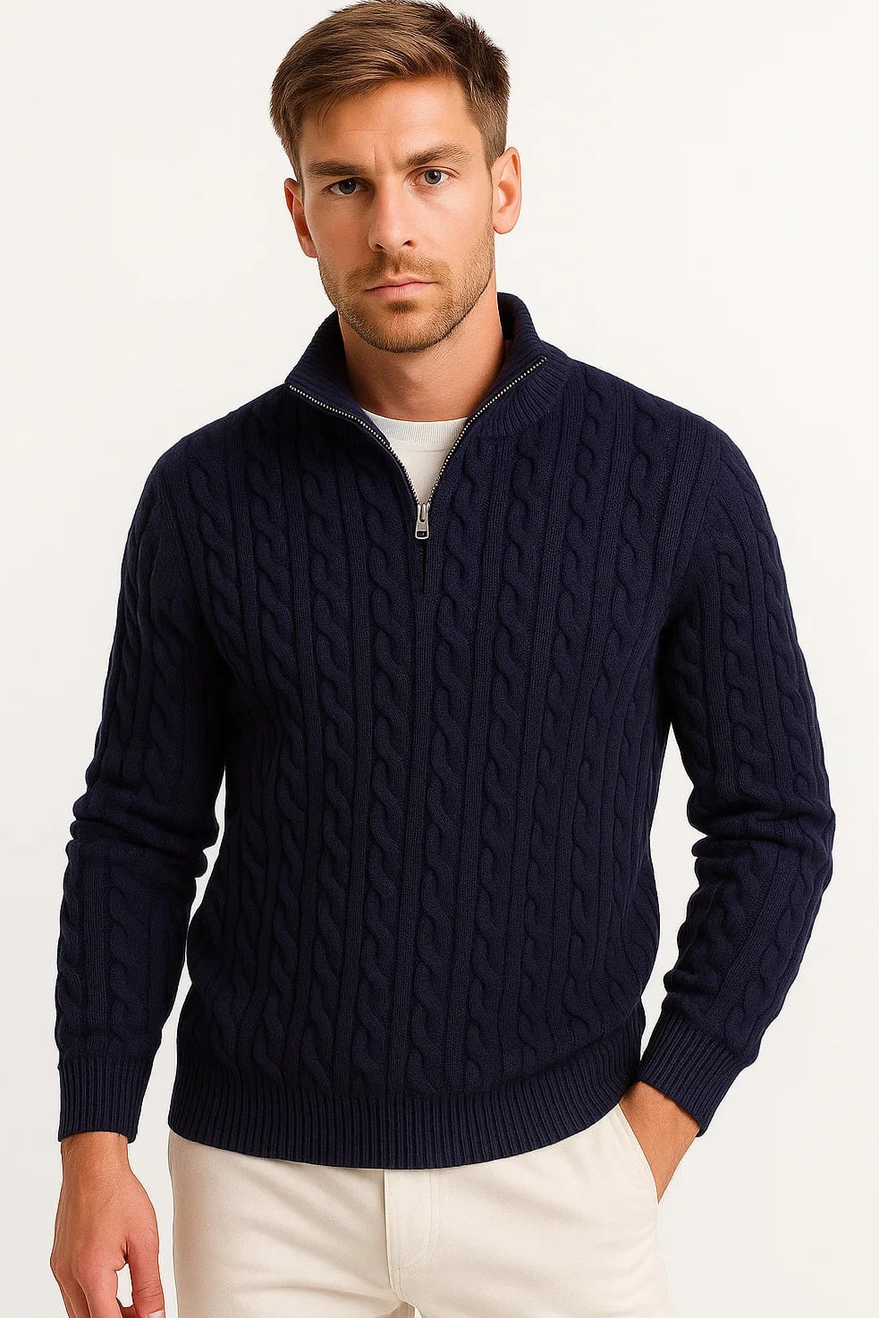 Hendrix Men's Cable Knit Zip-Collar Jumper